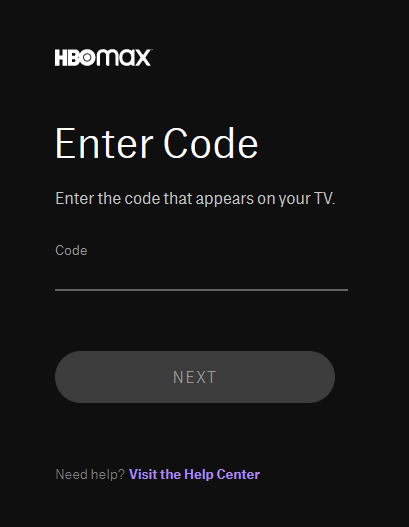 Enter the Activation code on HBO Max site
