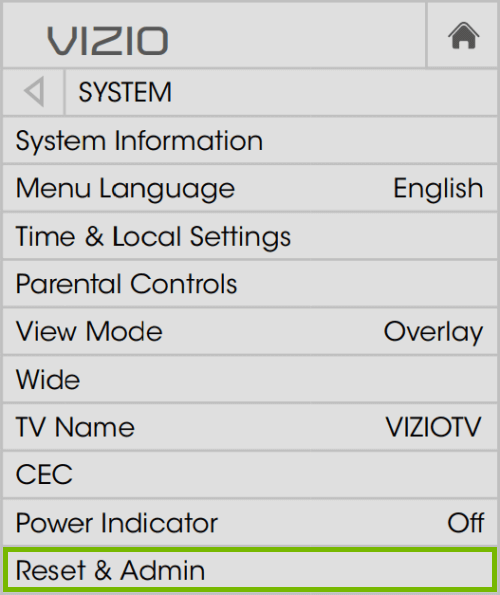 Select Reset & Admin - Reset Vizio Smart TV