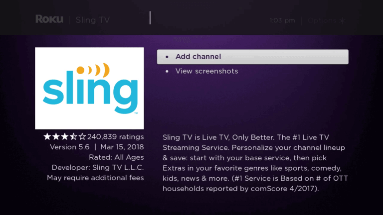 Click Add Channel to install Sling TV