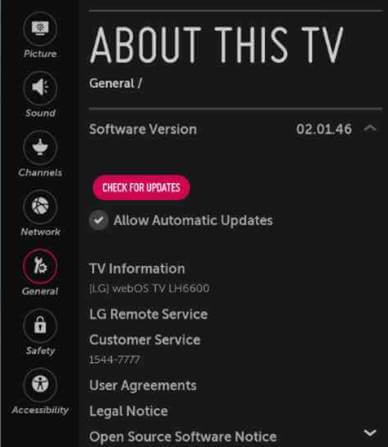 Select Check for updates to update LG Smart TV