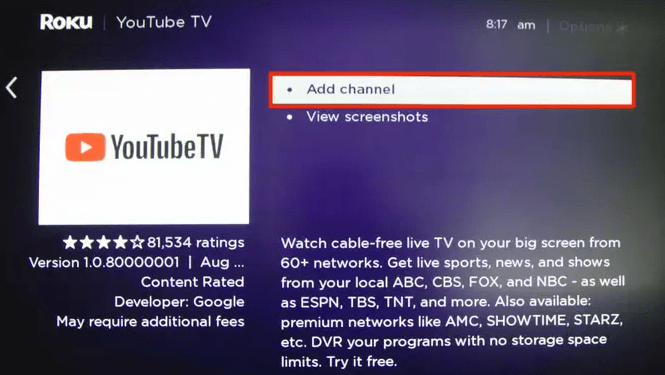 Select Add Channel to install YouTube TV on TCL Smart TV