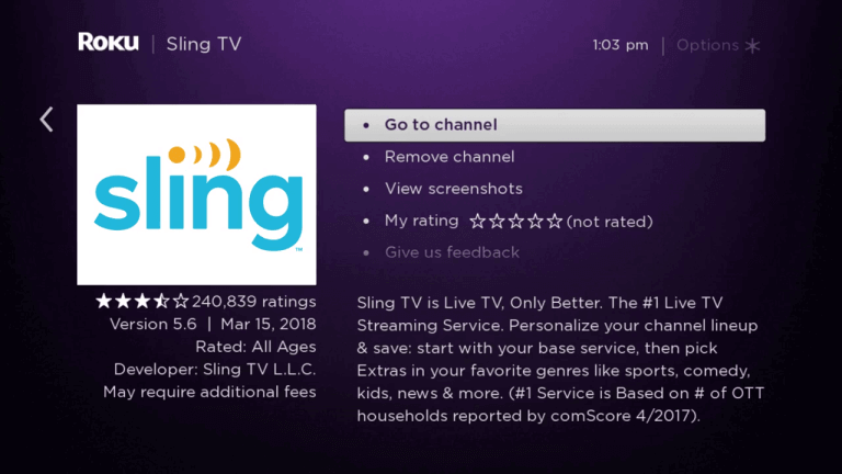 Click Go to Channel to open Sling TV 