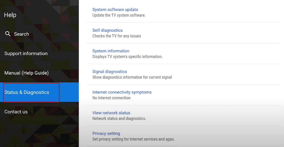 Click Status & Diagnostics - Update Sony Smart TV