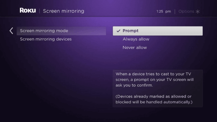 Tap Prompt to enable screen mirroring