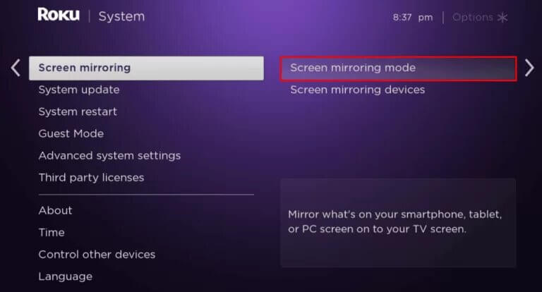 click Screen Mirroring mode