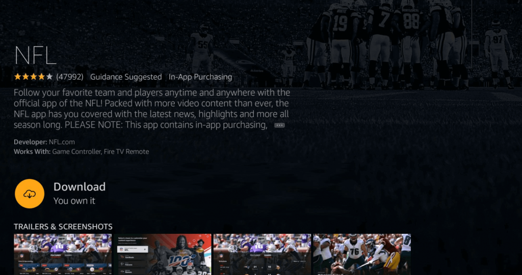 Click Download to install the NFL app on Insignia Smart TV