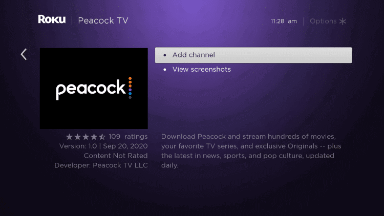 Click Add Channel to install Peacock TV