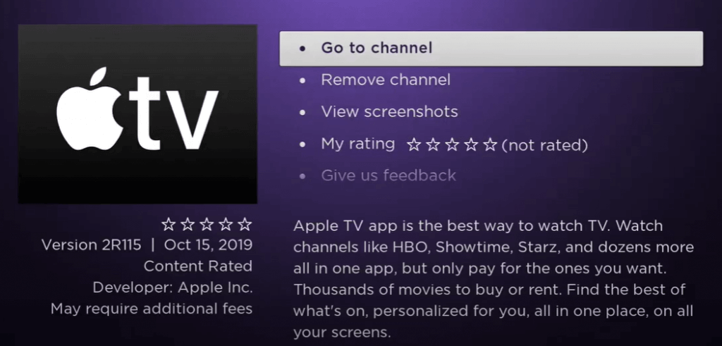 Click Go to channel to open Apple TV