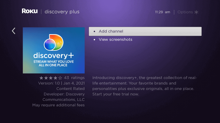 Click Add Channel to install Discovery Plus app