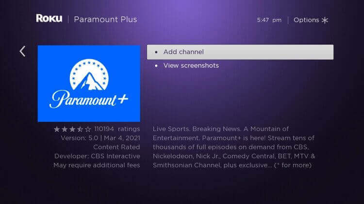 click on Add channel to watch Paramount Plus on Sharp Smart TV