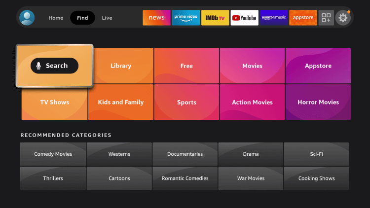 Choose the Search option - Pluto TV on Toshiba Smart TV