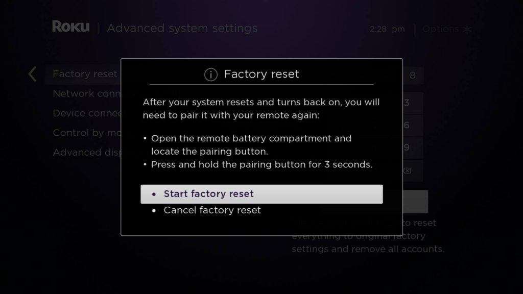 click on Start factory reset to reset Insignia Smart TV