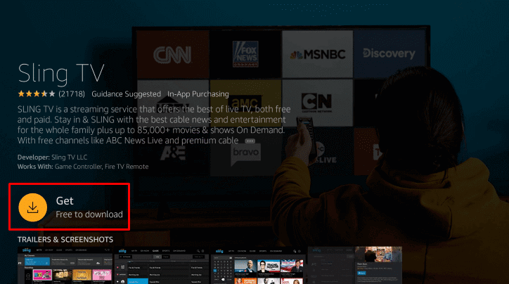click on get to install Sling TV on Insignia Smart TV