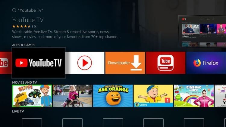 select the YouTube TV app from the search results