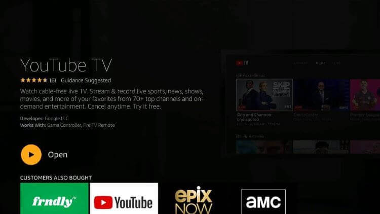 click on open to launch YouTube TV on Insignia Smart TV