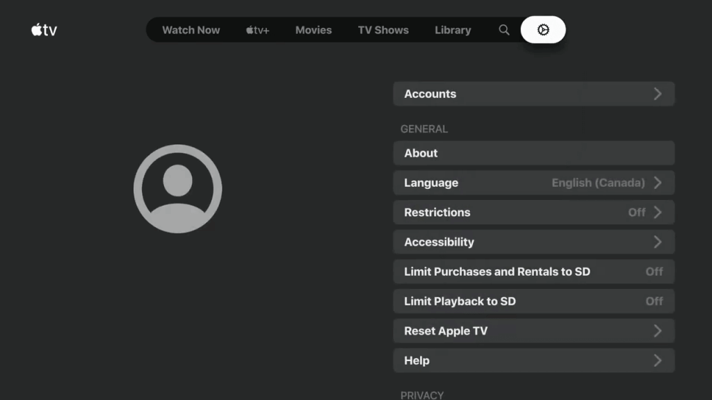 Select Accounts on the Apple TV app of Skyworth Smart TV