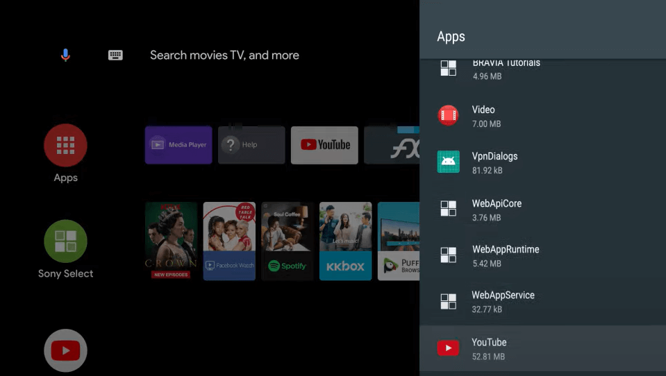 Select YouTube app - YouTube not working on Sony Smart TV 