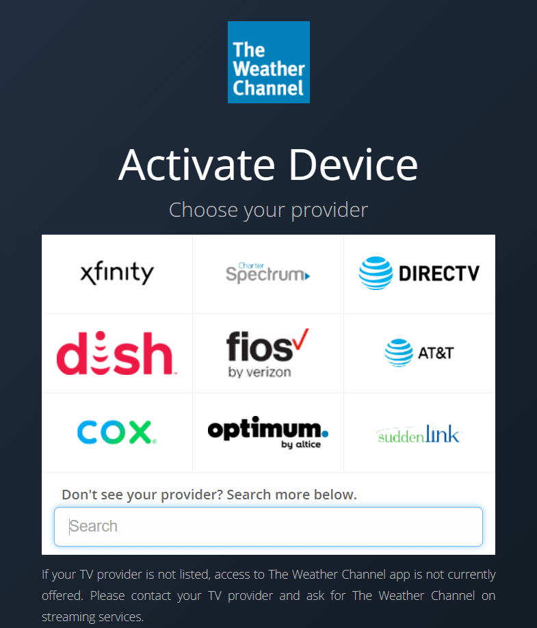 select your TV provider to watch The Weather Channel on TCL Smart TV