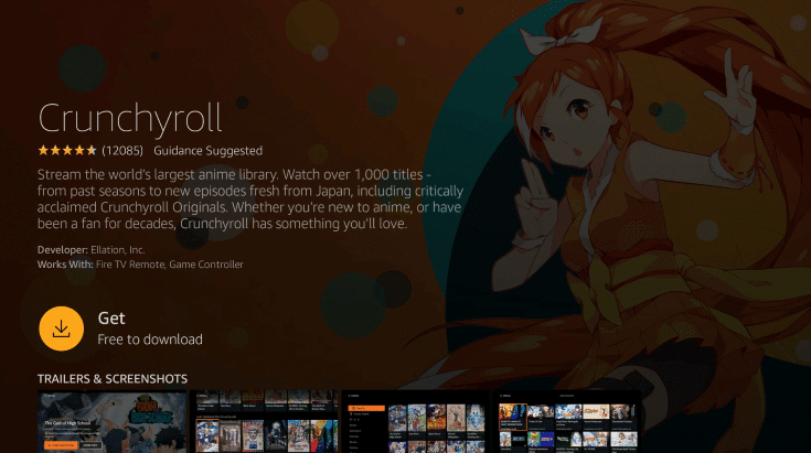 Click Get  to install Crunchyroll on Toshiba Smart TV