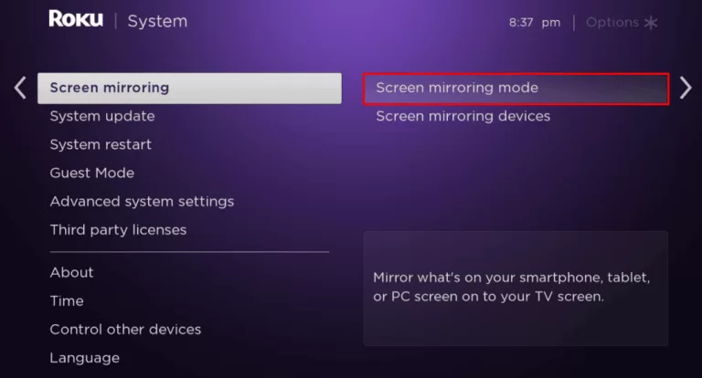 Select Screen mirroring mode