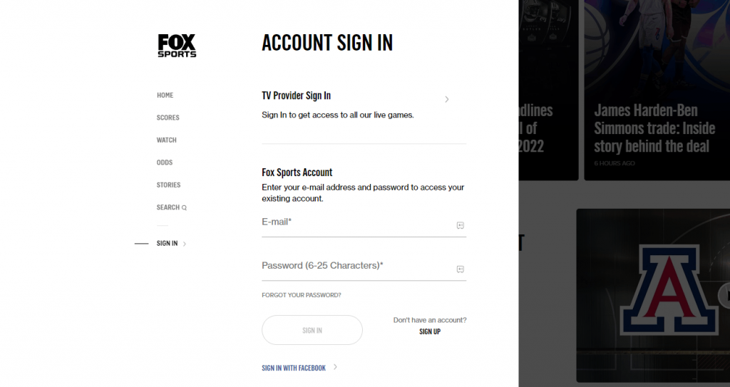Sign in with your Fox Sports account