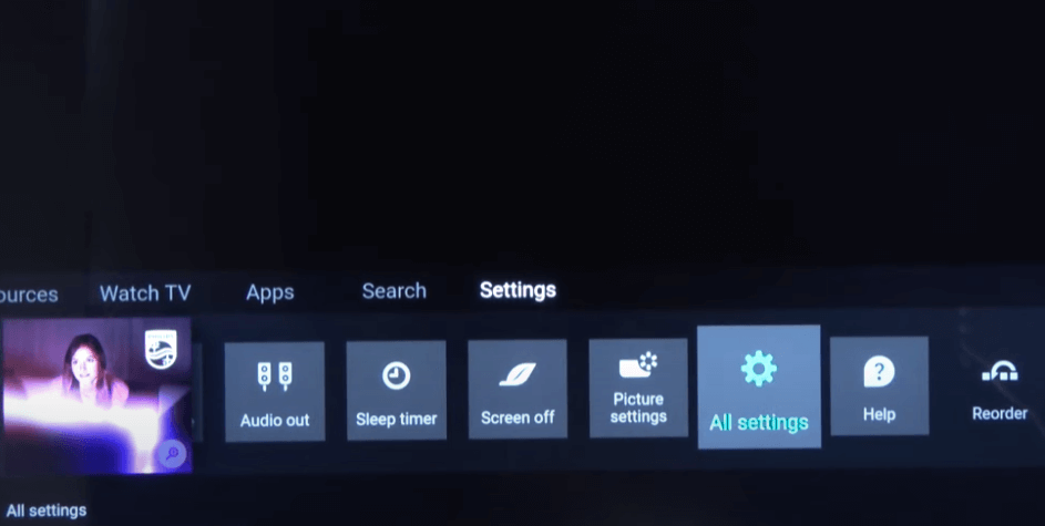 Select All Settings to reset Philips TV