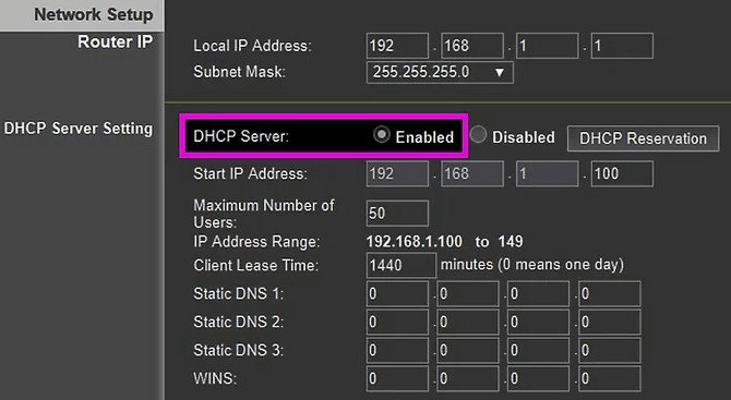 enable DHCP server option 