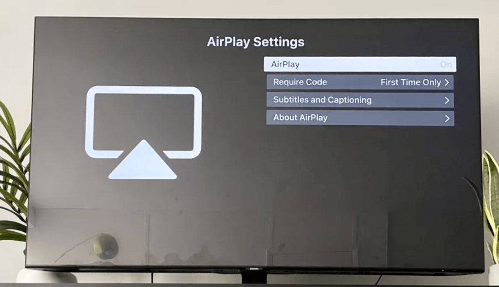 go to apple airplay settings to enable AirPlay on Samsung TV