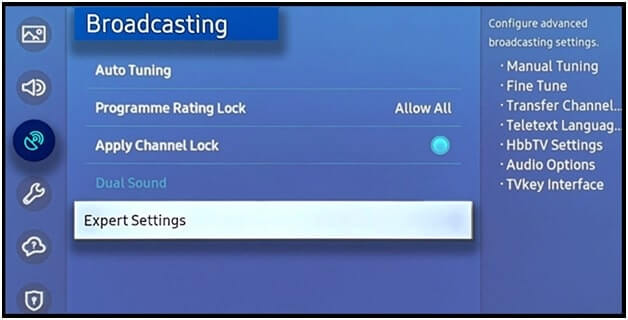 click expert settings to clear cache on samsung tv 