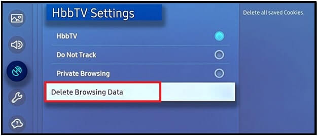 tap delete browsing data to clear cache on samsung tv 