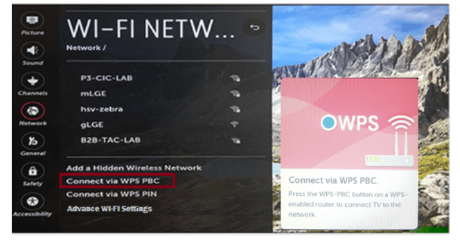choose connect wps via pbc to connect lg smart tv to wifi 