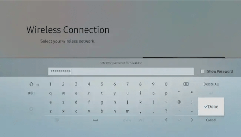 enter the password to Connect Samsung Smart TV to WiFi 