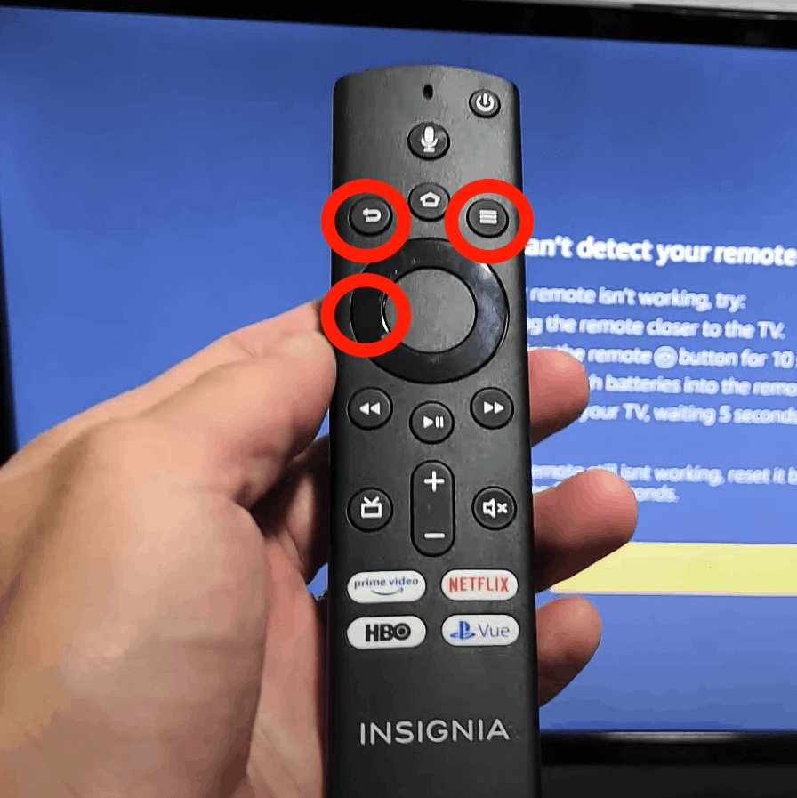 press the menu, back and left navigation button at a time if Insignia TV Remote Not Working