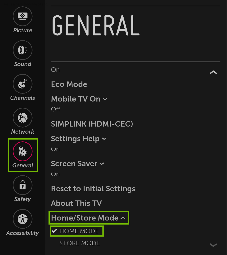 Select Home Mode to disable demo mode on LG TV