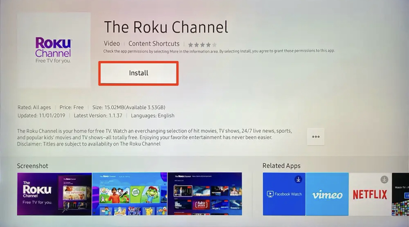 Select the install option to get Roku on Samsung TV