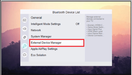 tap external device manager to connect bluetooth devices on samsung tv 