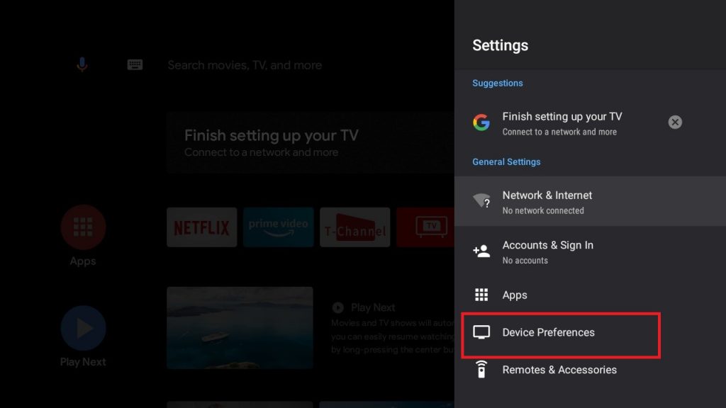 Select Device Preferences to turn off store mode on Hisense TV