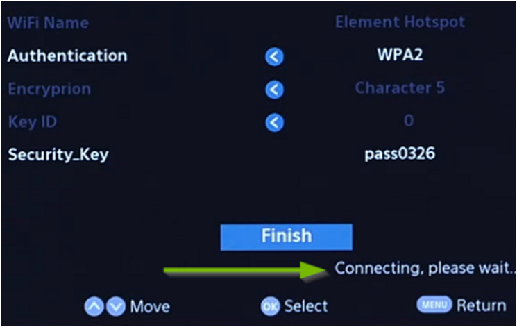 Click finish to connect element TV to Wi-Fi