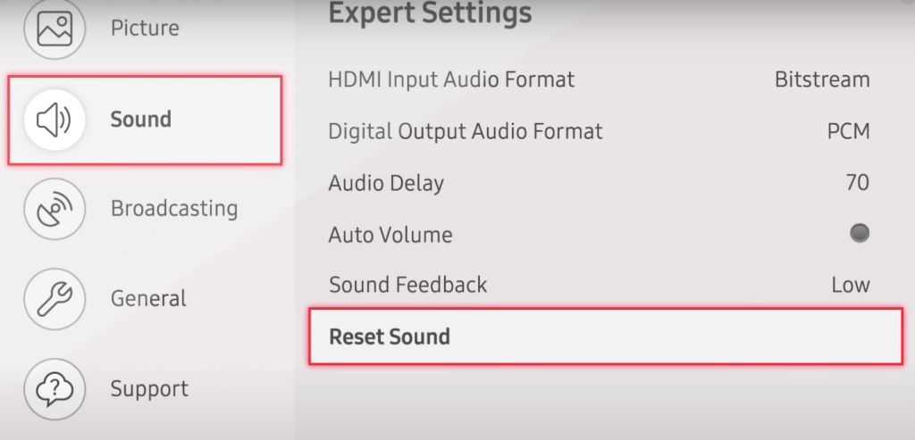 click reset sound if samsung tv sound not working 