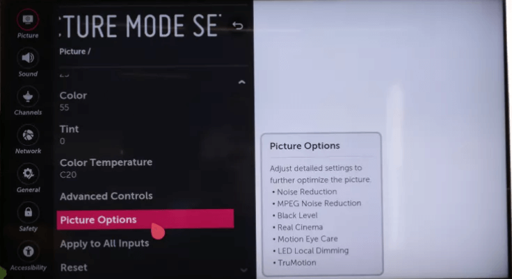 click picture options to enable trumotion on lg tv 