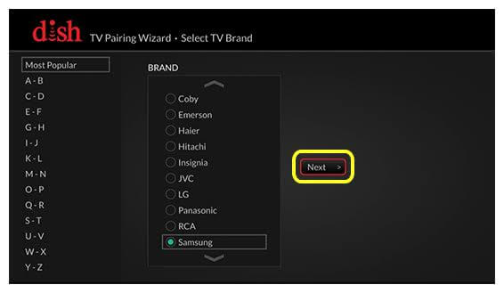 Select Samsung TV to program DISH remote