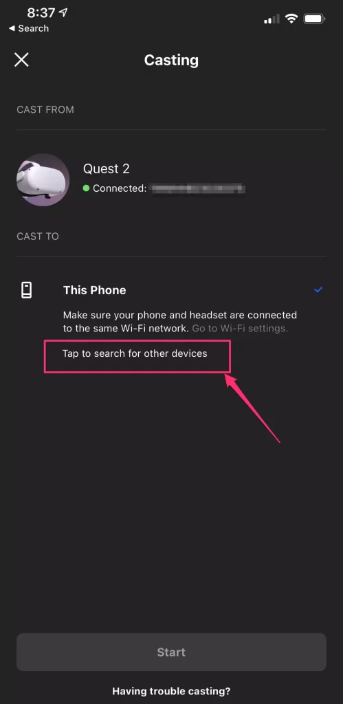 Tap to search for other devices to cast Oculus Quest 2 to LG TV