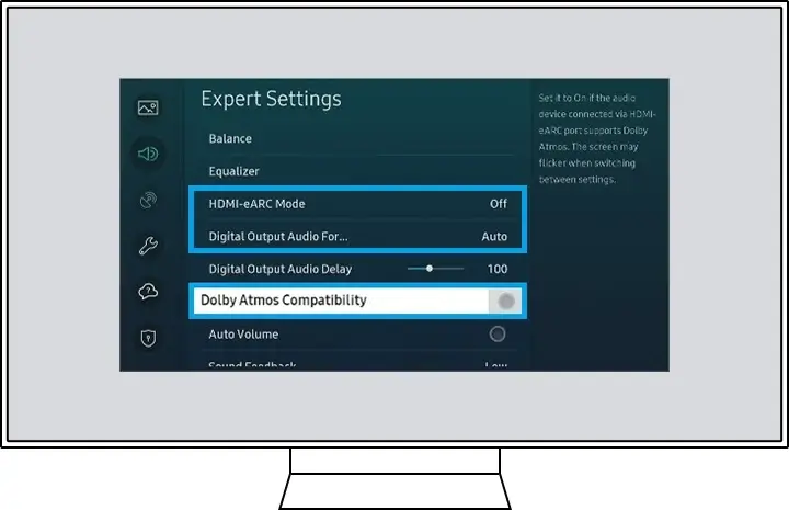 Set HDMI-eARC mode to auto and activate Dolby Atmos Compatibility