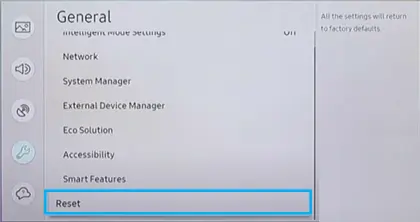 Click Reset to change input on Samsung TV