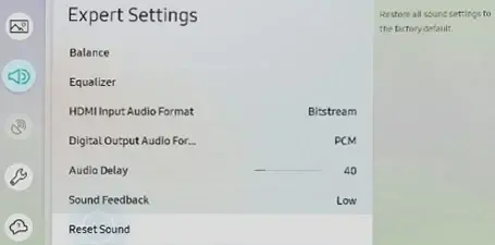Expert settings menu on sound settings 