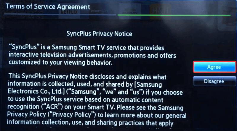 Select Agree to change Samsung TV region