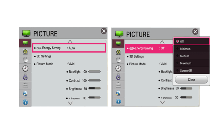 Turn Off Energy Saving mode to bypass LG TV flickering