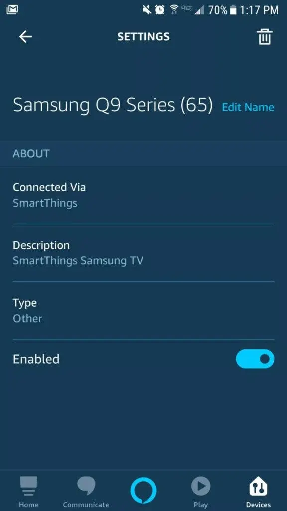 Alexa app is linked with the Samsung SmartThings app