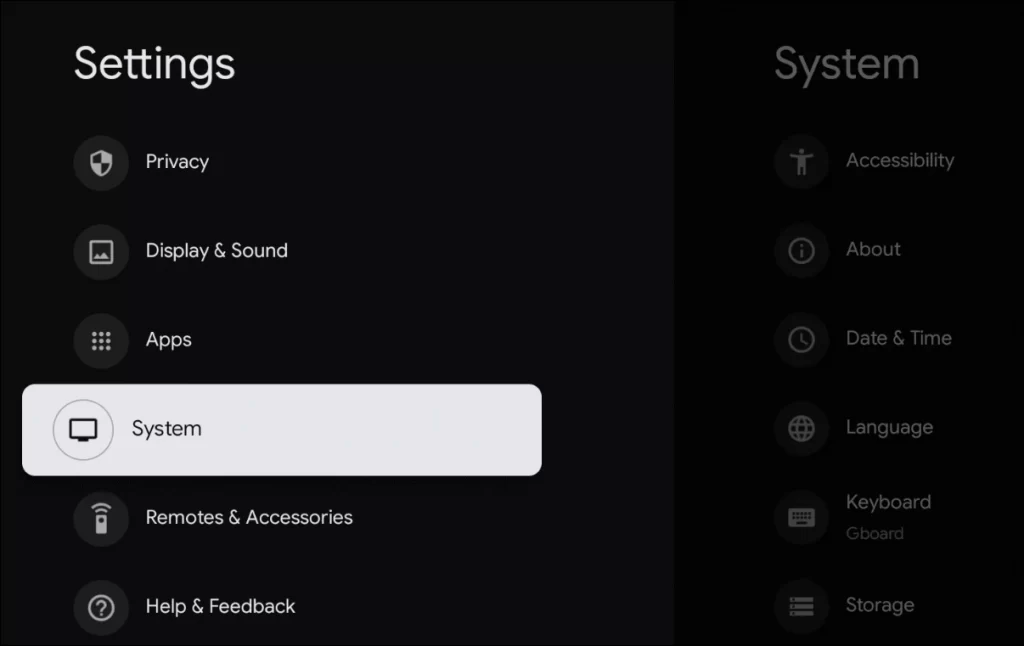 System option on Google TV