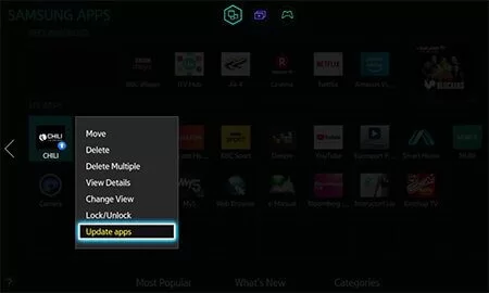 Click Update Apps to update Plex on Samsung TV